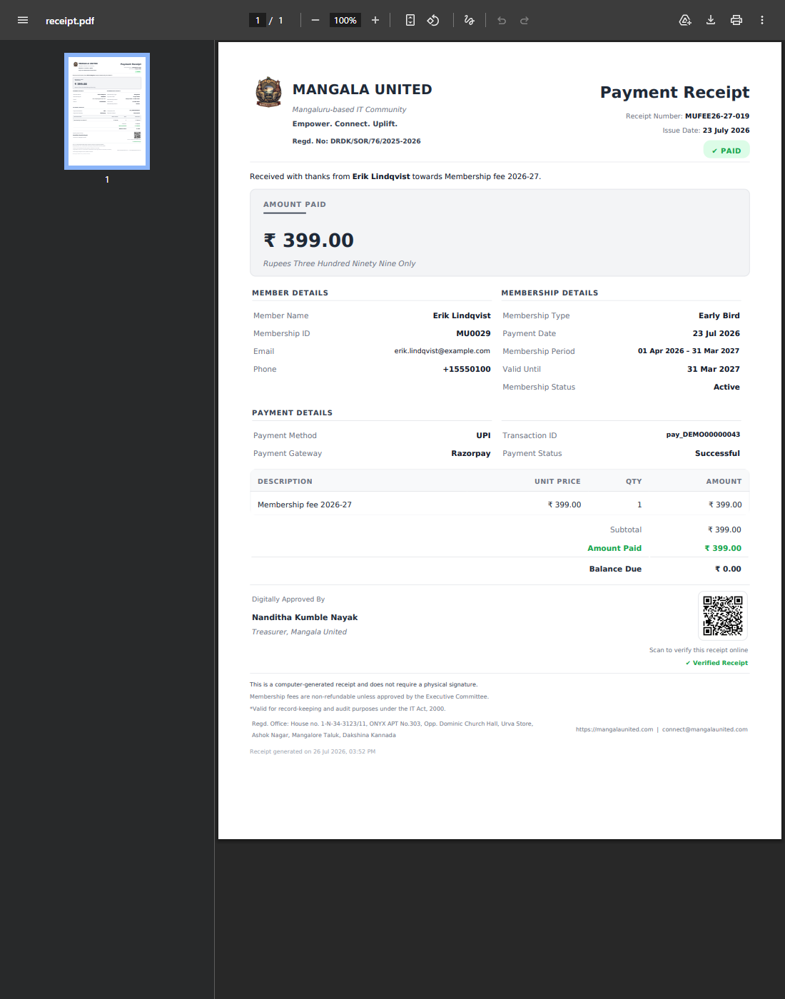 A receipt, with its QR code.